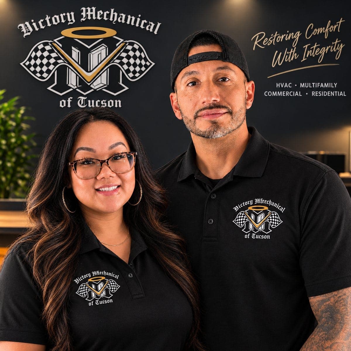Owners Marcelino Jr. and Sarah in Victory Mechanical shirts in front of the company logo