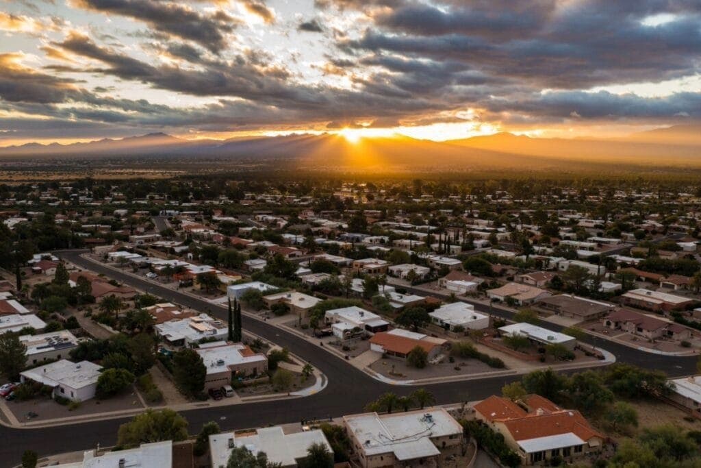 Aerial view of Green Valley neighborhoods at sunset