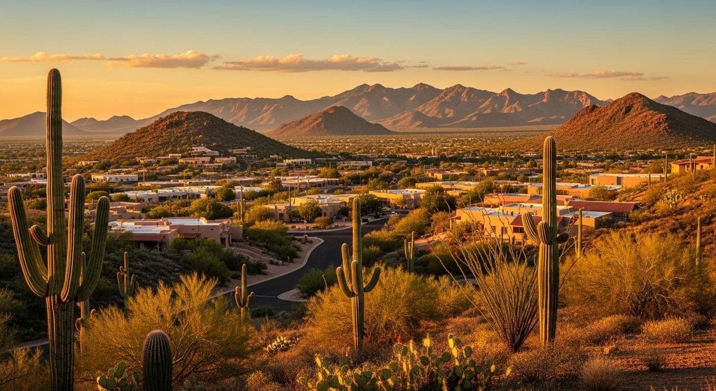 Saguaro cactus and desert hills above Vail homes at golden hour
